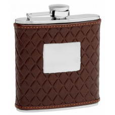 Leather Hip Flask Holding 6 oz - Quilted Pattern Design - Pocket Size, Stainless Steel, Rustproof, Screw-On Cap