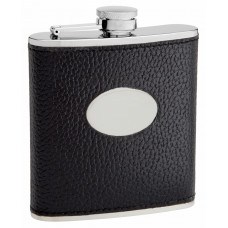 Textured Cow Hide Leather Hip Flask Holding 6 oz - Pocket Size, Stainless Steel, Rustproof, Screw-On Cap - Black Finish Perfect for Engraving