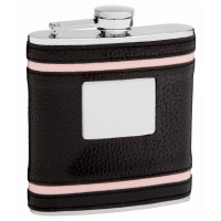 Faux Leather Hip Flask Holding 6 oz - Pink Accent Lines Design - Pocket Size, Stainless Steel, Rustproof, Screw-On Cap