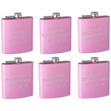 Top Shelf Flasks 6-Pack Personalized (Custom Engraved) 6oz Bridal Party Hip Flasks,  (Pink)