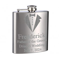 Top Shelf Flasks Personalized Custom Engraved 6oz Stainless Steel Groomsman Tuxedo Flask for Weddings, True Metal Etching Lasts a Lifetime