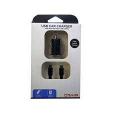 CRAIG High Speed USB Car Charger with Mini and Micro USB Cables