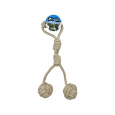 pet rope toy with two knots and handle in beige