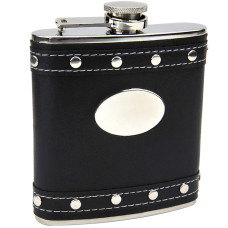 Silver Stud Black Faux Leather Hip Flask, Custom Engraved